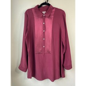 J. Jill 100% Silk Tunic Blouse Berry Wine Bib Button Front Long Sleeve L